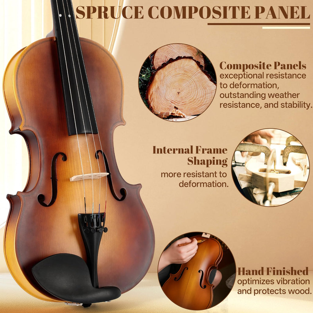 Kmise Violin 4/4 Full Set, Fingerboard Fret Markings Violins, Matte Acoustic Fiddle for Adults, Beginners, Students with Violin Case, Rosin, Strings, Bow, Shoulder Rest, Beginner's Guide (Matte, 4/4)