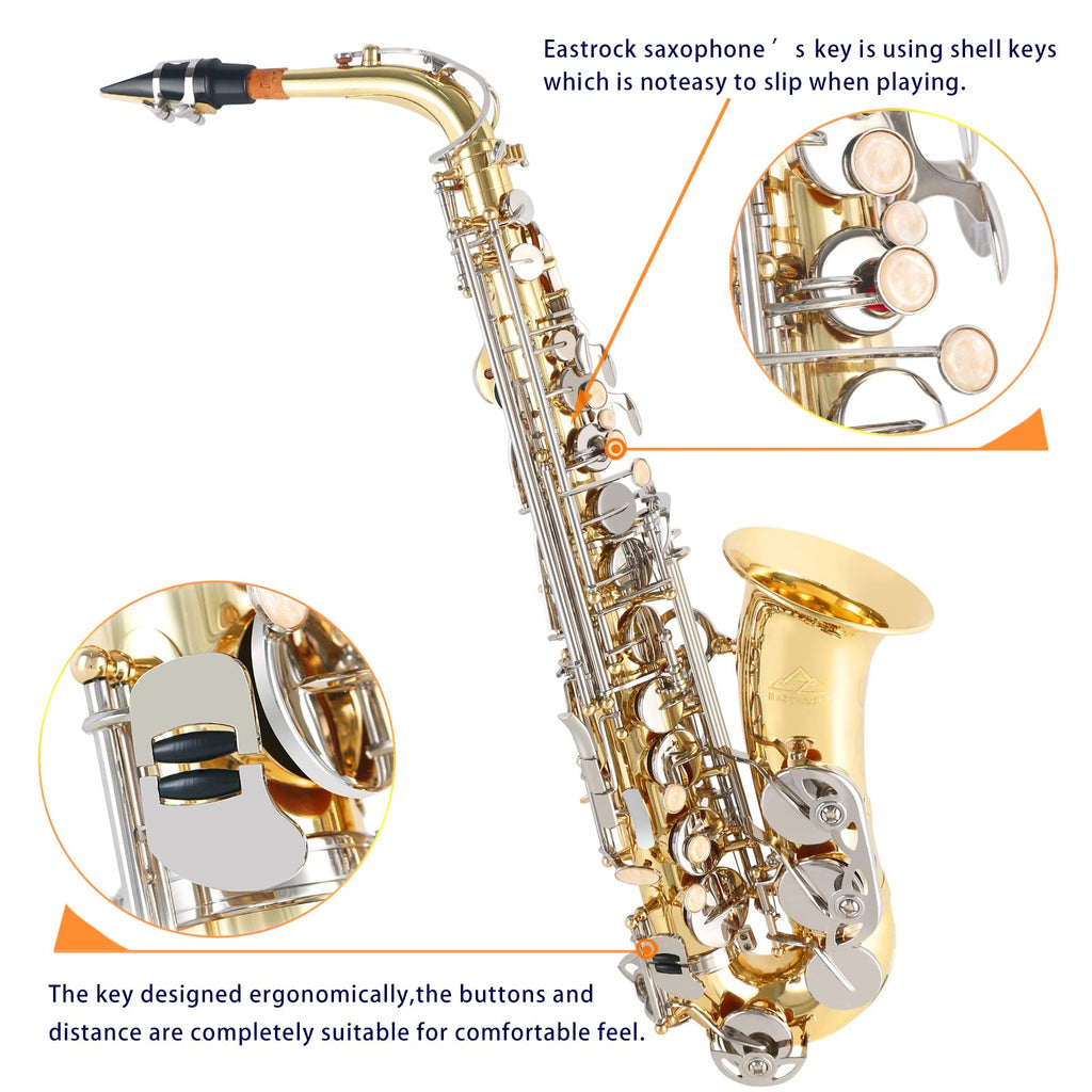 EASTROCK Black/Golden Alto Saxophone E Flat Sax Full Kit for Students Beginner with Carrying Case,Mouthpiece,Mouthpiece Cushion Pads,Cleaning Cloth&Cleaning Rod,White Gloves,Neck Strap