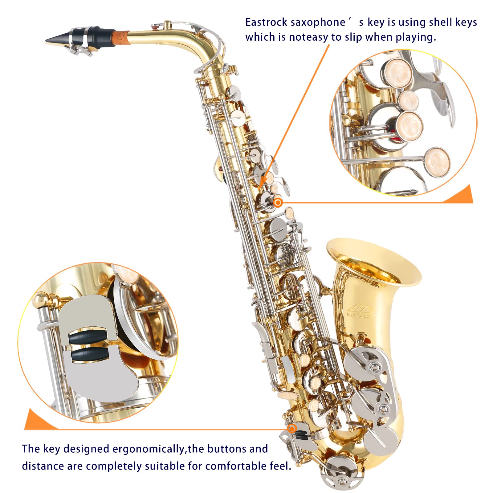 EASTROCK Black/Golden Alto Saxophone E Flat Sax Full Kit for Students Beginner with Carrying Case,Mouthpiece,Mouthpiece Cushion Pads,Cleaning Cloth&Cleaning Rod,White Gloves,Neck Strap