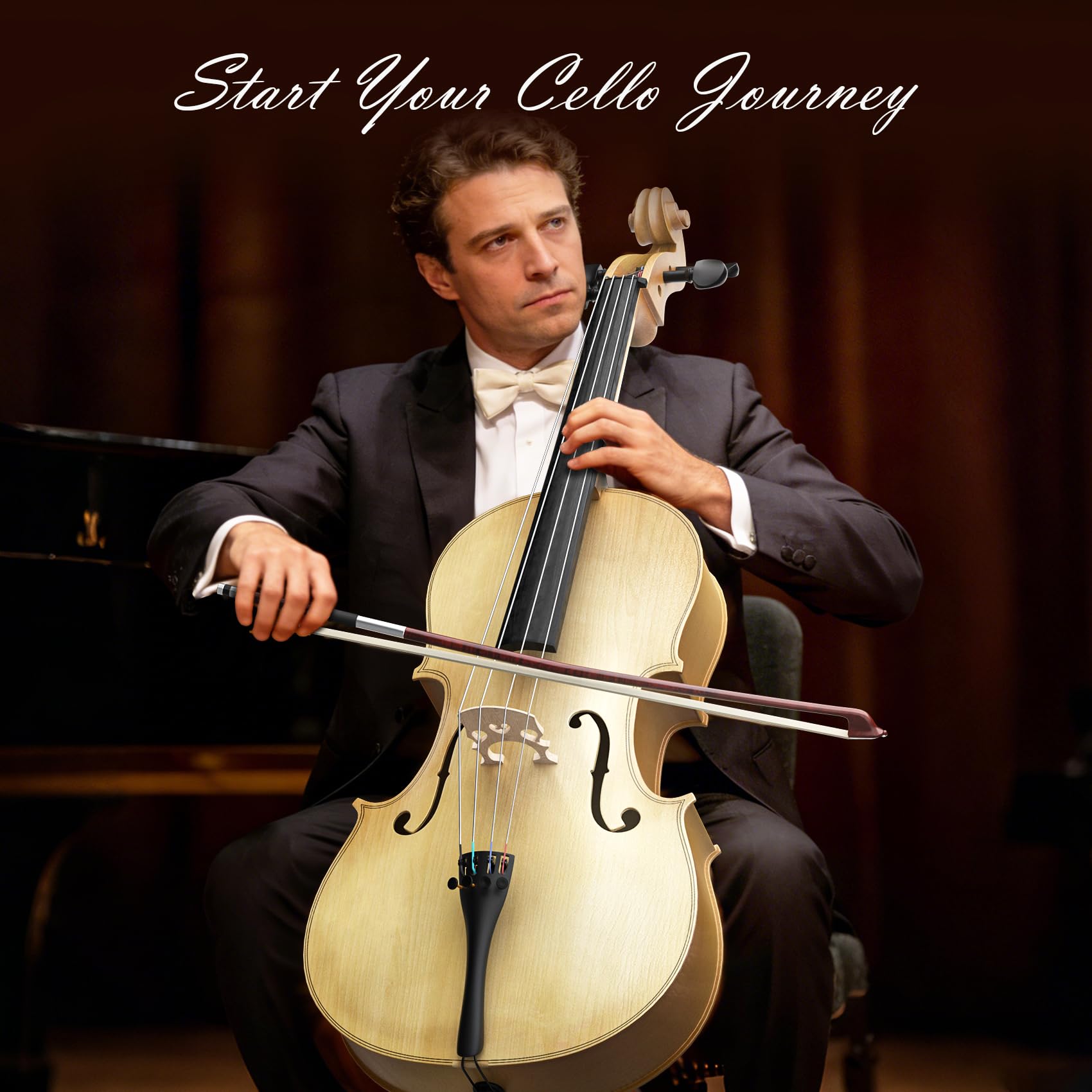 Cello 4/4 Kit, Full Size Cello for Adults, Students, Beginners, Complete Acoustic Cello Instrument Set with Portable Bag, Bow, Rosin, Black