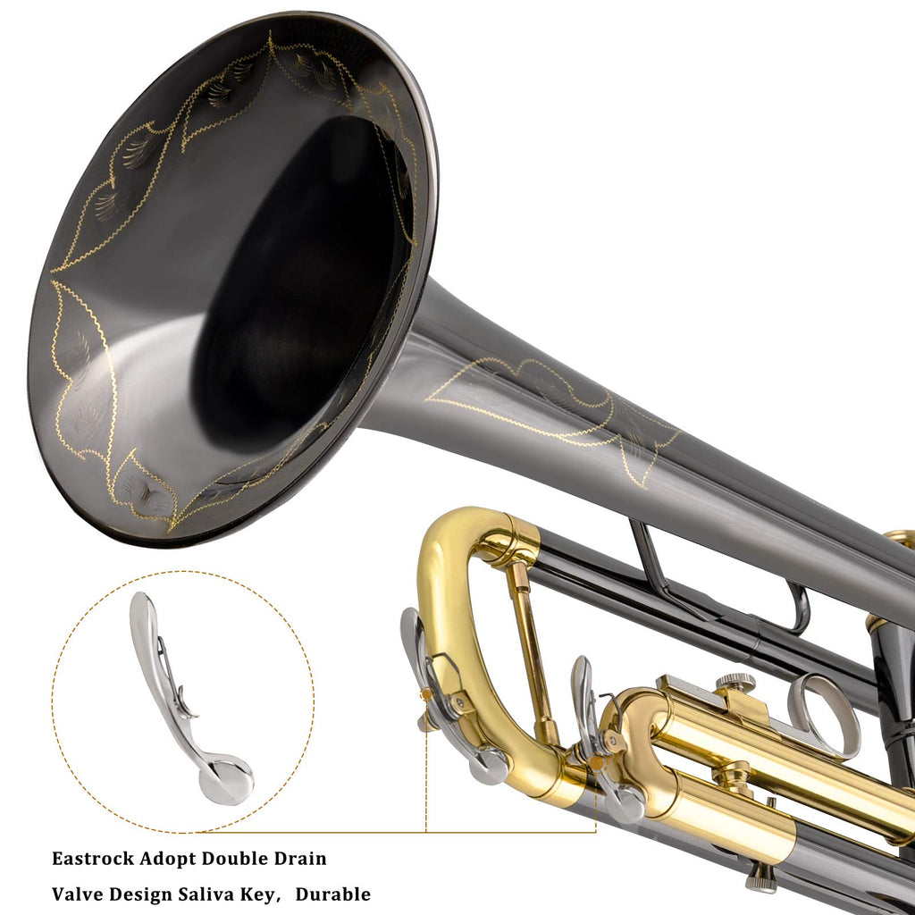 EASTROCK Bb Trumpet Standard Trumpet Set with Carrying Case,Gloves, 7C Mouthpiece, Tuning Rod, Black Nickel,Hand Carved Craft