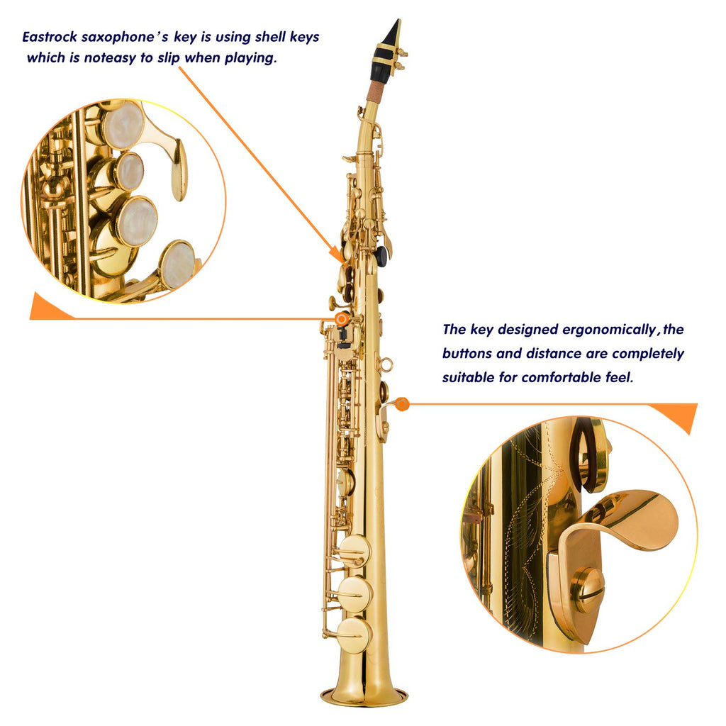 EASTROCK Soprano Saxophone Curved Bb Flat Black Sax Instruments for Beginners Intermediate Players with Carrying Case,Mouthpiece,Pads,Reed,Cleaning kit,neck Strap,White Gloves