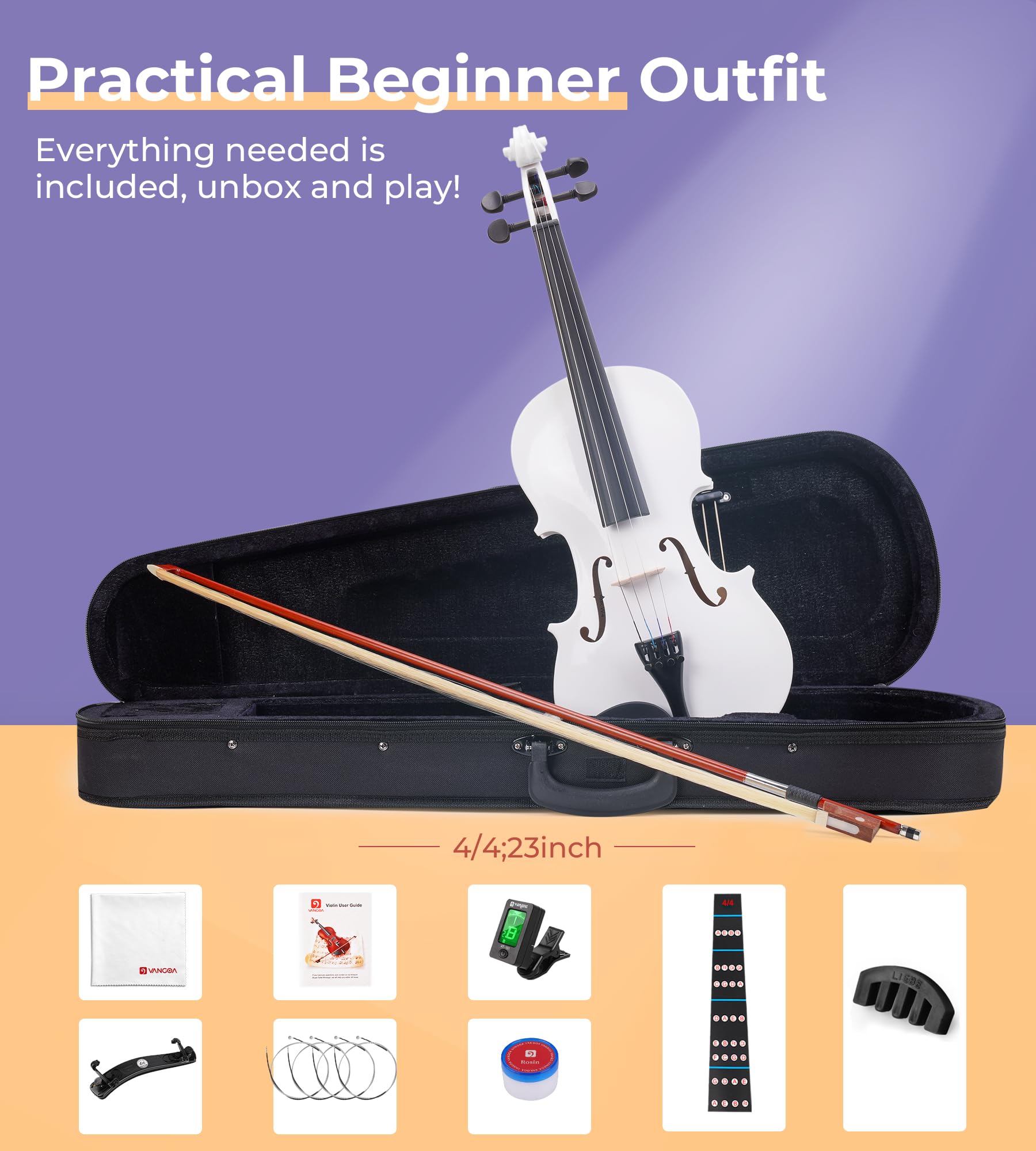 Vangoa 4/4 Full Size Beginner Violin Set, Acoustic Violin for Adults, Teens and Children over 11, Violin Beginner Set (with Hard Case, Rosin, Shoulder Rest, Bow, Spare Strings, Mutes and Black Set)