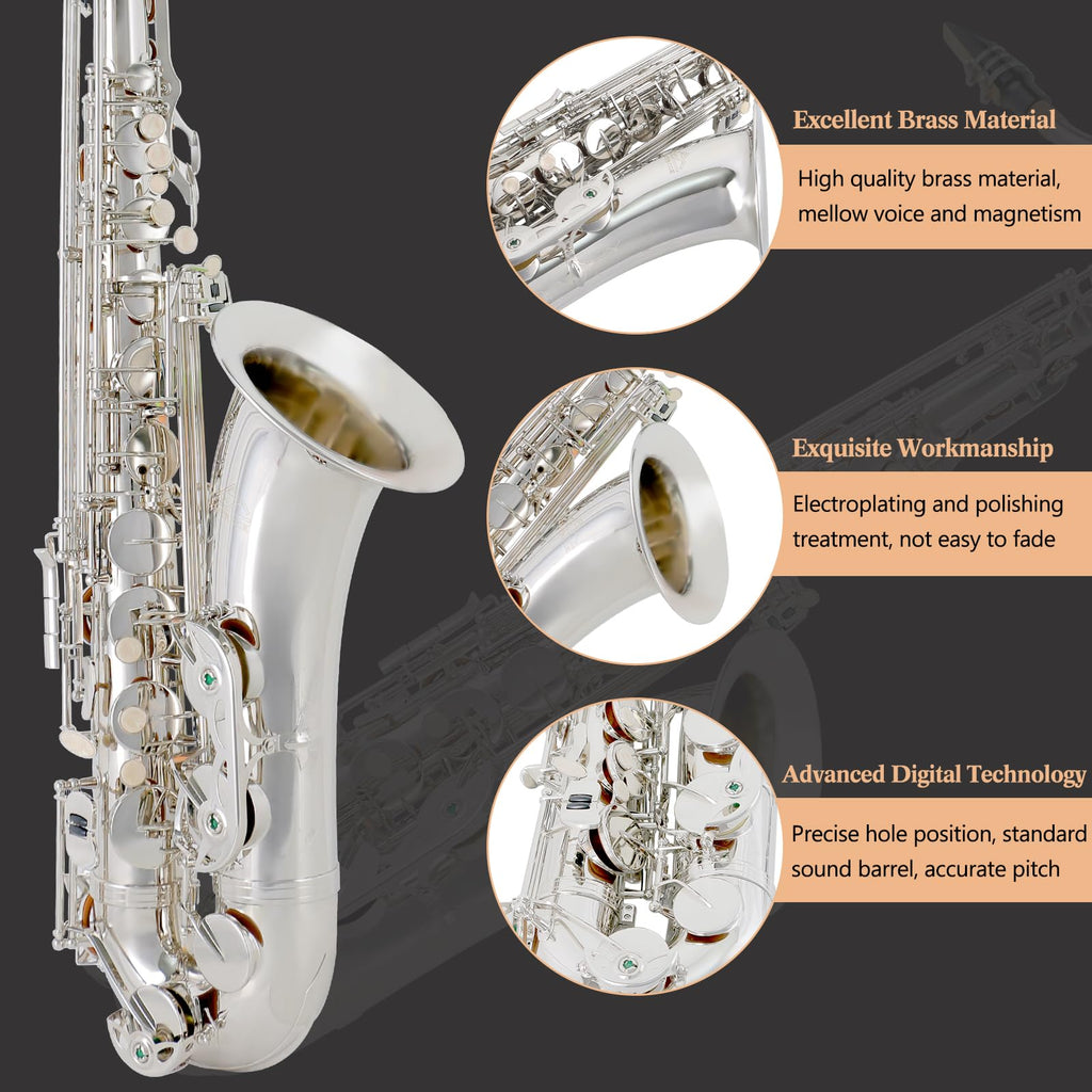 EASTROCK Nickel Tenor Saxophone B Flat Tenor Sax Professional Tenor Saxophone for Beginners Students and Musicians with Carrying Case,Mouthpiece,Reeds,Cushion Pads,Cleaning Kit,Neck Strap