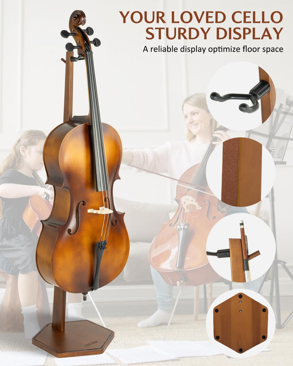 STRICH Wooden Cello Stand with Bow Holder, Heavy-Duty Floor-Standing Display Stand, Cello Wood Floor Stand for 1/2, 1/4, 3/4, 4/4,1/8, 7/8 Full Size, for Home and Studio