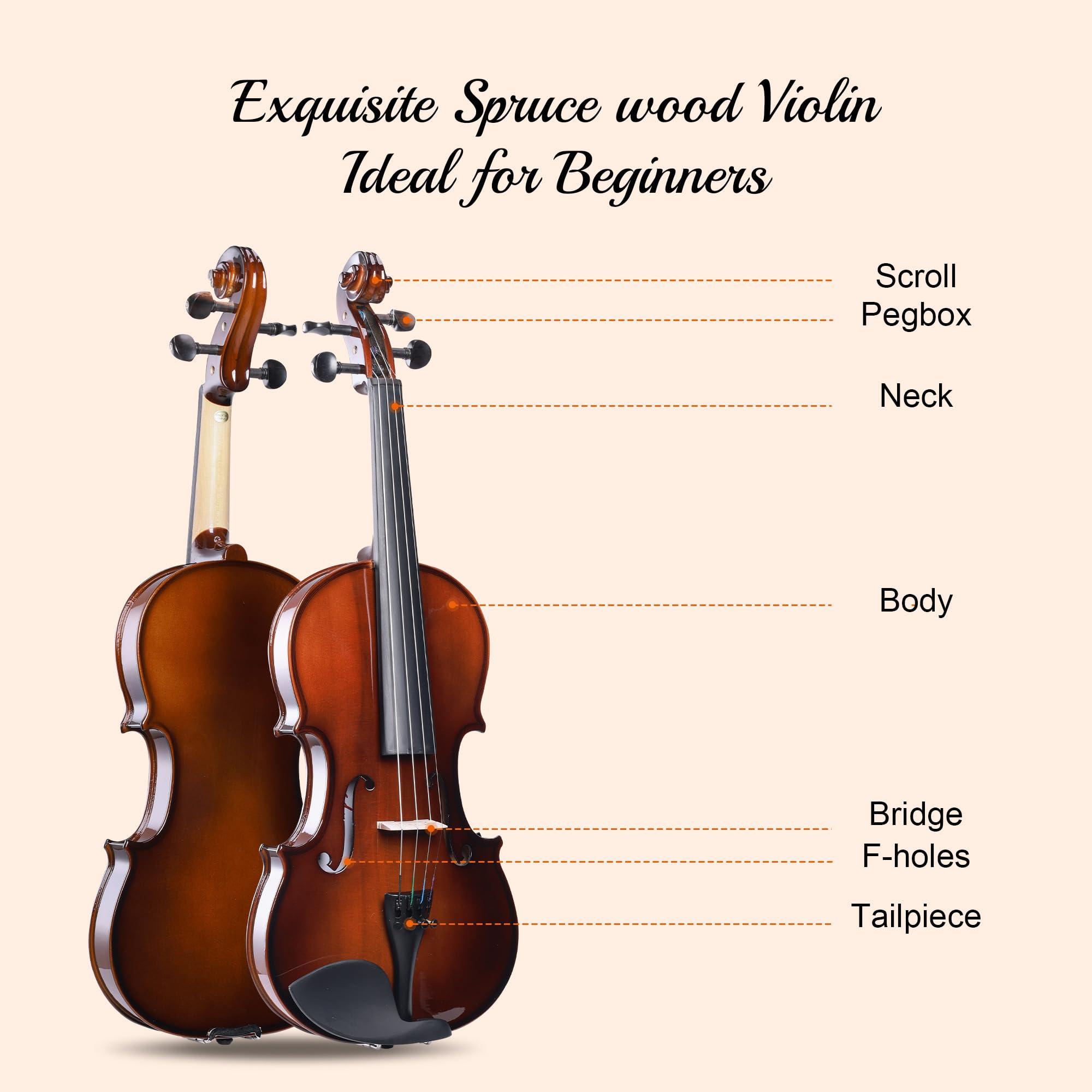 ADM Acoustic Violin for Beginner 4/4 Full Size Violin Set Solid Wood Ebony for Adult Teen Student Starter Kit with Hard Case, Shoulder Rest, Bow, Music Stand, Strings, Free Lessons (Sepia, 4/4 Size)