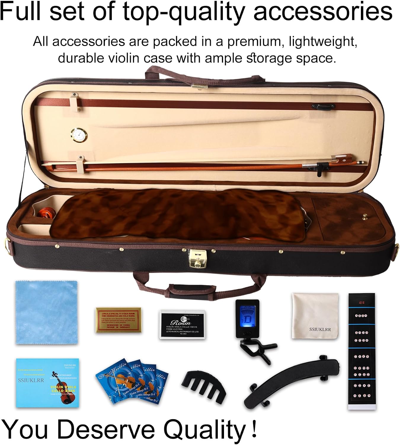 Violin 4/4 Full Size Complete Set for Adults Teenagers Students,Solid Maple Wood Violins with Rosewood Fittings,Case,Spare strings,Bow, Rosin, Shoulder Rest,Professional Violin for 11+years Gift