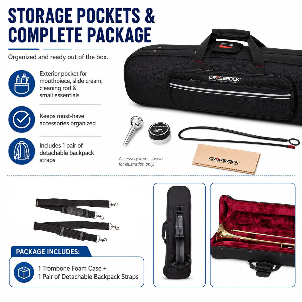 Crossrock Tenor Trombone Flight Case — Fits Bb Tenor with F-Attachment | Shockproof Design, Security Lock, Plush Interior, Single Shoulder Strap & Accessory Compartment (CRA980TBBK)