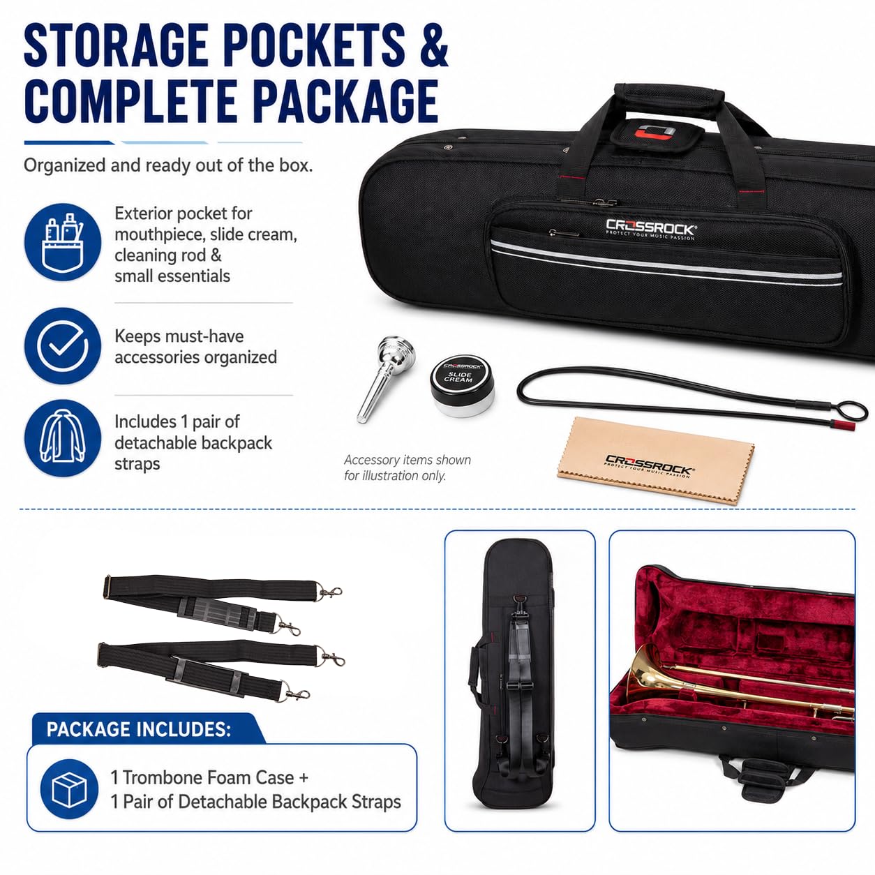 Crossrock Tenor Trombone Flight Case — Fits Bb Tenor with F-Attachment | Shockproof Design, Security Lock, Plush Interior, Single Shoulder Strap & Accessory Compartment (CRA980TBBK)