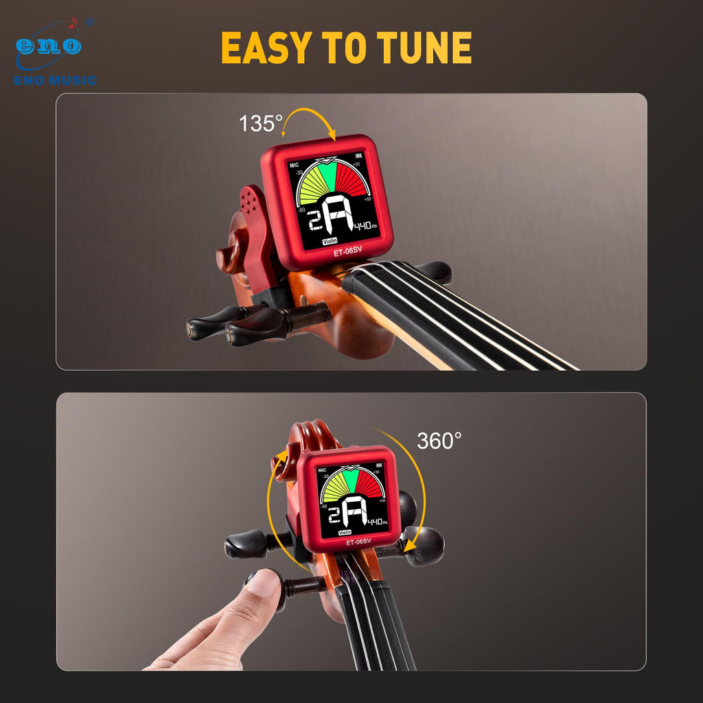 ENO MUSIC Rechargeable Type-C Quick Charge Easy Control Big LCD Display Easy Reading Clip-on Tuner for 4/4 Violin Viola Bass, Red