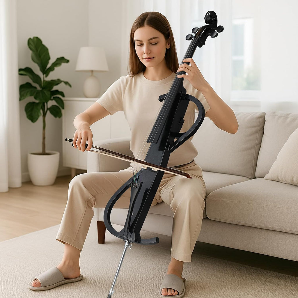 Full Size Electric Cello Kit for Adults,Beginners,Complete 4/4 Cello Set with Portable Bag, Bow, Rosin, Earphone and Connecting Line, S-shaped,Black
