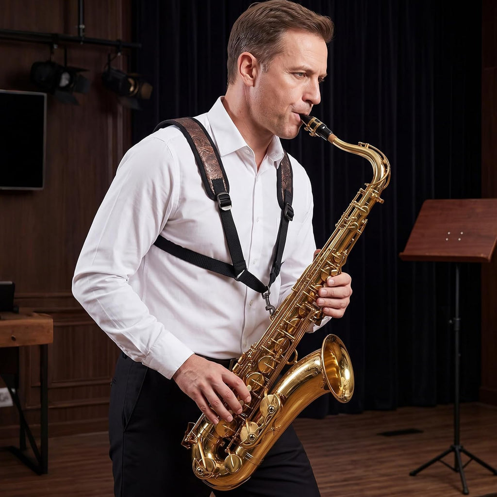 Hsei Saxophone Harness with Metal Snap, Adjustable Double Shoulder Saxophone Strap, Black Widened Thickened Design Sax Harness for Comfortable Support Alto Tenor Baritone Soprano