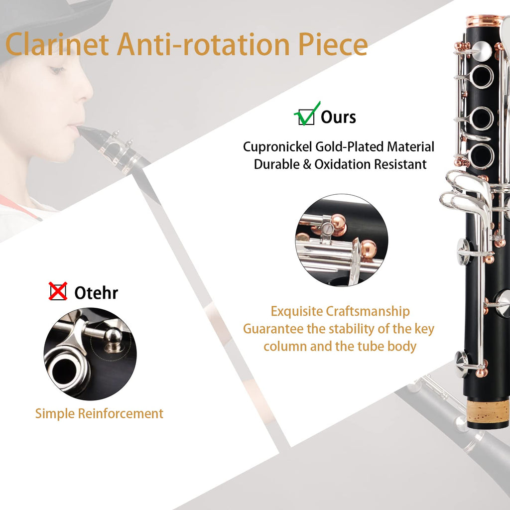 ROWELL 18 Key Bb Clarinet with Eb/Ab Lever & African Blackwood Wood Body Professional Rich Tone for Intermediate Players & Students Includes Case, Mouthpiece, Reeds