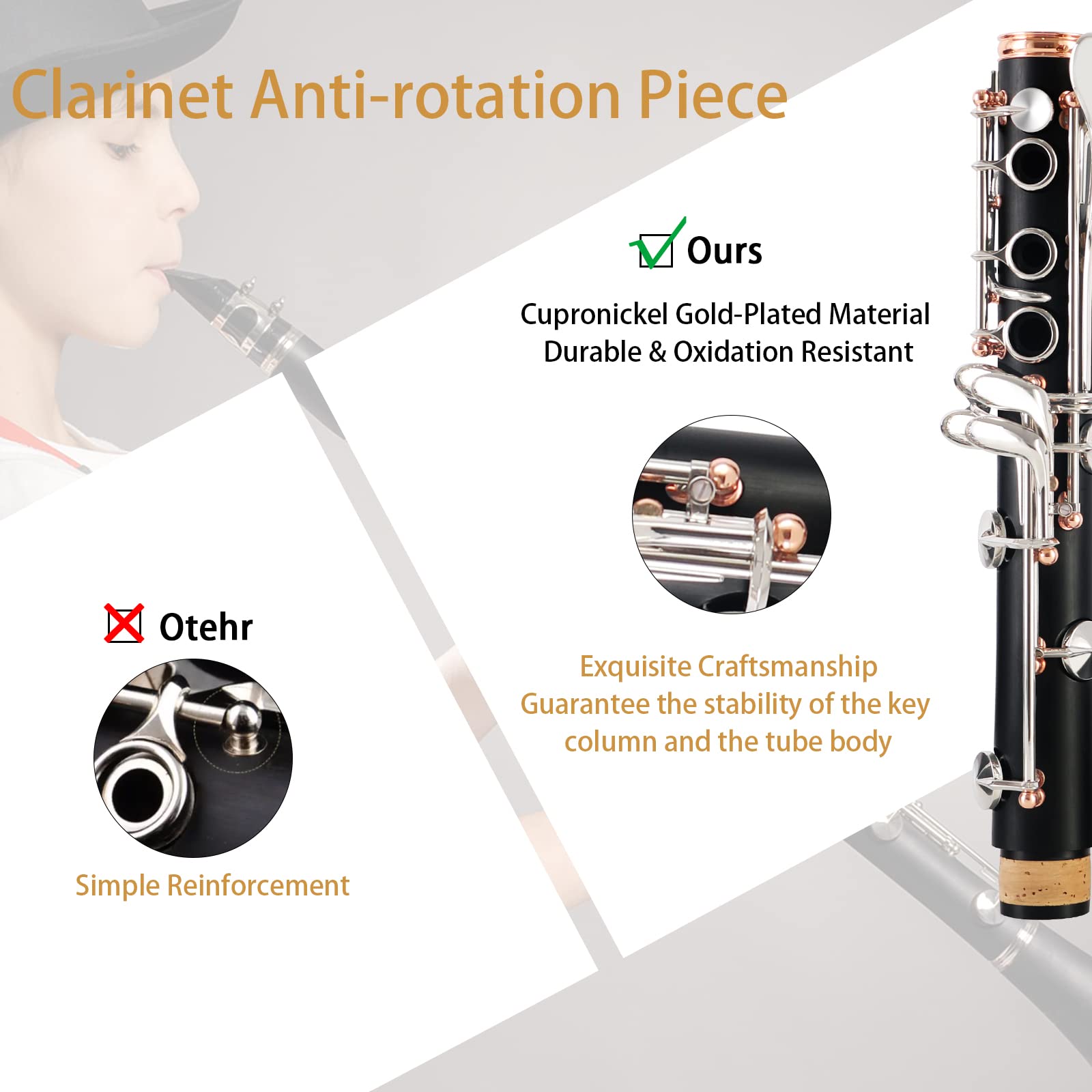 ROWELL 18 Key Bb Clarinet with Eb/Ab Lever & African Blackwood Wood Body Professional Rich Tone for Intermediate Players & Students Includes Case, Mouthpiece, Reeds