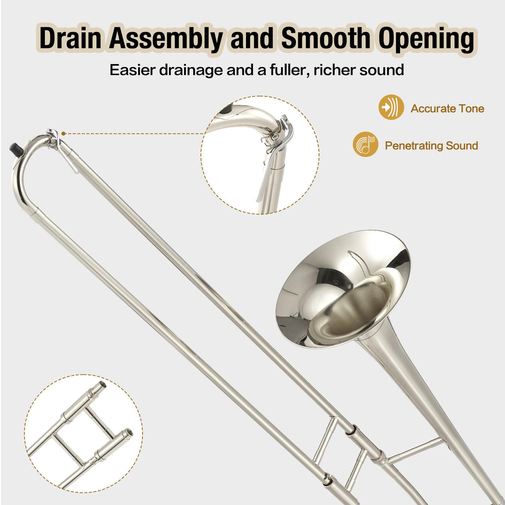 B Flat Alto Trombone, Brass Trombone for Beginners with Mouthpiece, Hard Case, Gold Lacquer Finish, Cleaning Kit (Rod/Cloth/Gloves), Professional Student Musical Instrument