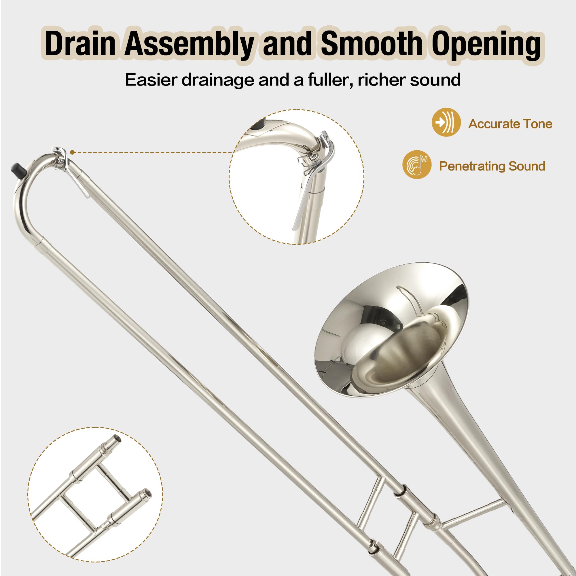 B Flat Alto Trombone, Brass Trombone for Beginners with Mouthpiece, Hard Case, Gold Lacquer Finish, Cleaning Kit (Rod/Cloth/Gloves), Professional Student Musical Instrument