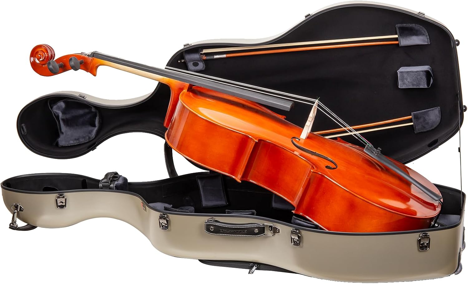 Crossrock Poly Carbon Cello Case for 4/4 Full Size | Champagne Matte Finish, Black Velvet Interior, Wheels, Music Pouch – Lightweight Protection Series
