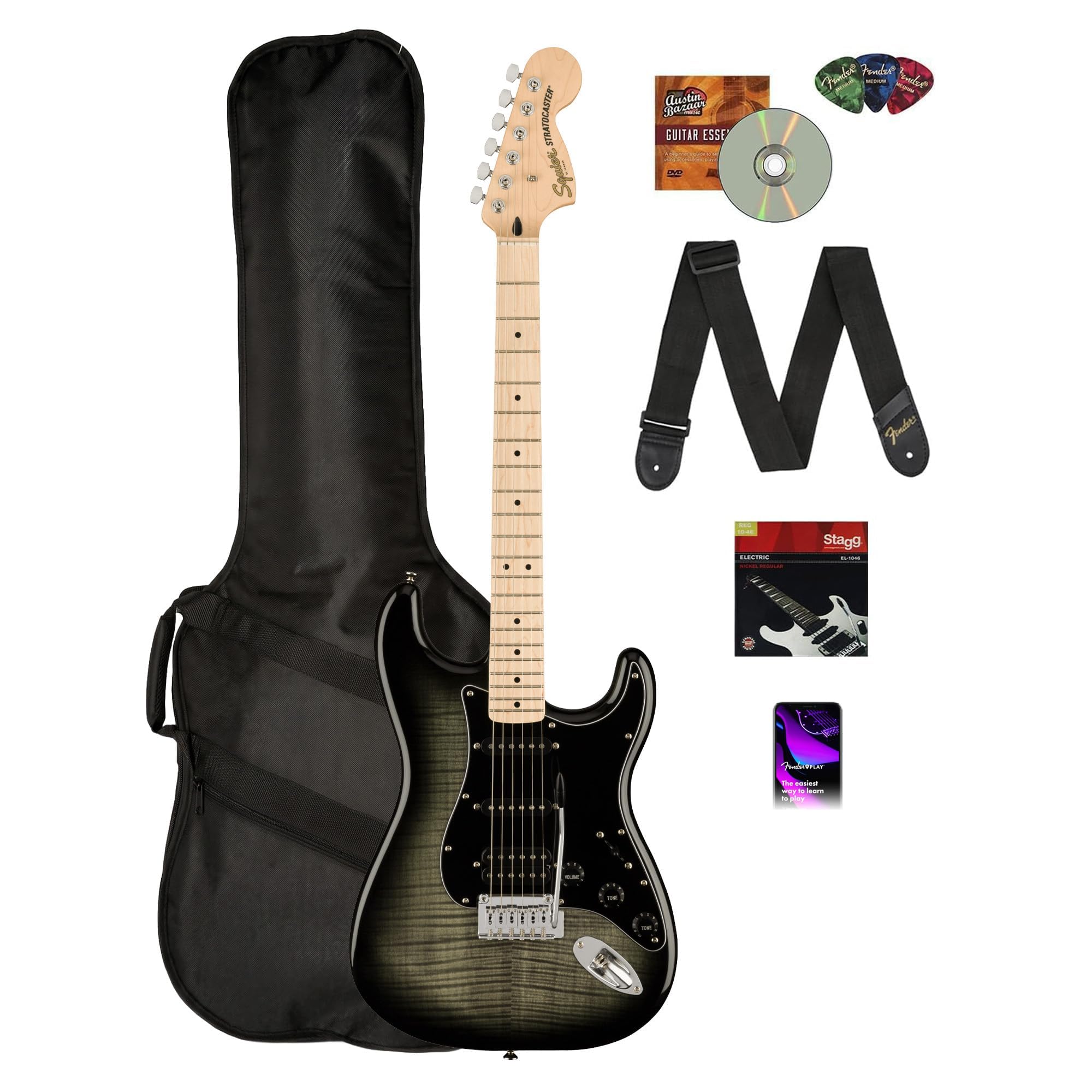 Fender Squier Affinity Stratocaster FMT HSS - Sienna Sunburst Bundle with Frontman 10G Amplifier, Gig Bag, Tuner, Instrument Cable, Strap, Picks, and Austin Bazaar Instructional DVD