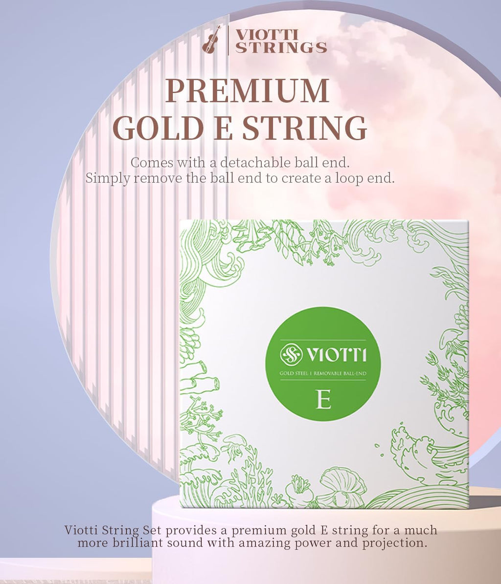 Viotti Violin Strings 4/4 Full Set | Medium Tension Synthetic-Core Strings with Gold E String for Brilliance, Power & Projection, Silver Wound D & G Strings, and Aluminum Wound A String