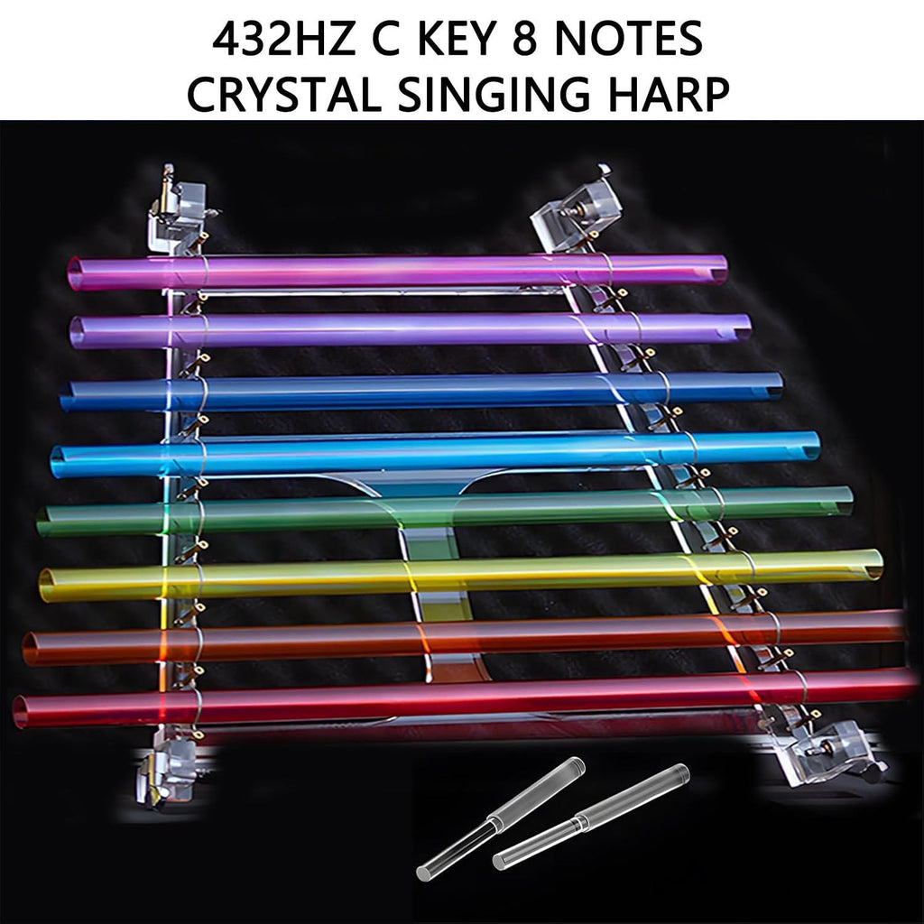Quartz Crystal Harp for Sound Therapy, 432Hz/440Hz 8 Note CDEFGABC Quartz Crystal Singing Harp, Includes 8 Notes and Alumina Alloy Case, for Sound Baths and Meditation A-440hz