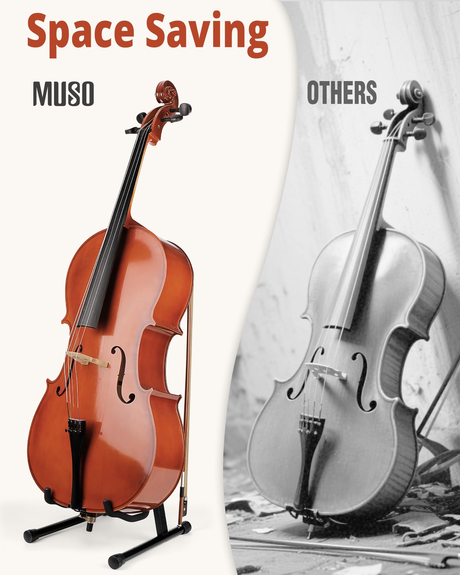 MUSO Cello Stand with Bow Holder,A-Frame Floor Stand with Padded Foam, Handcrafted Cello Rack Fits 1/2, 3/4, 7/8, 4/4 Full-Size and Guitar, Instrument Holder for Home and Studio Display