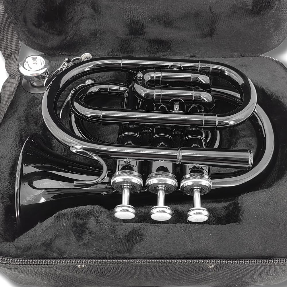 Pocket Trumpet Bb Flat Brass Trumpet for Beginner Student with 7C Mouthpiece Carrying Hard Case Cleaning Cloth Gloves