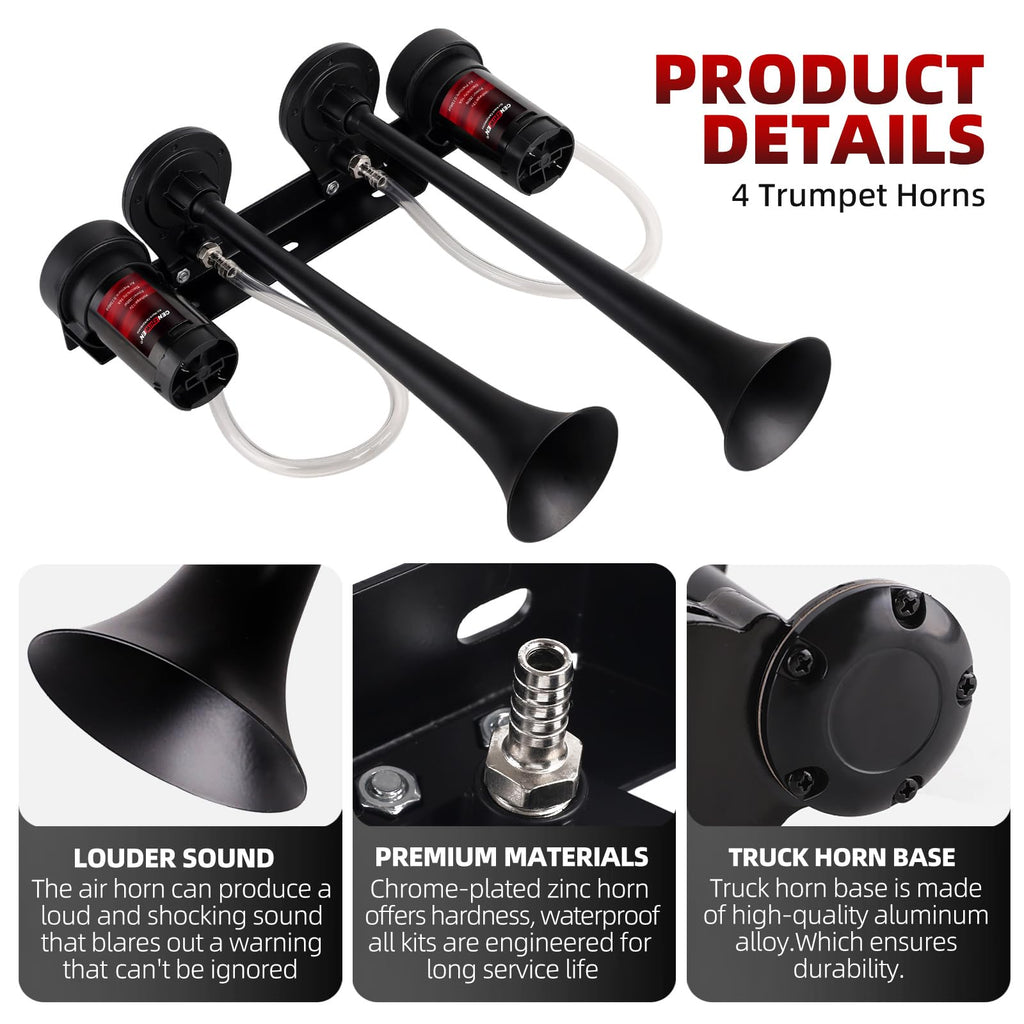 Dual 2-Trumpet Metal Air Horn for truck Kit with 2 air Compressors,12V 150dB Ultra Loud impact train car horn moto horn is suitable for pickup/SUV/Boat (Two-tube integrated)