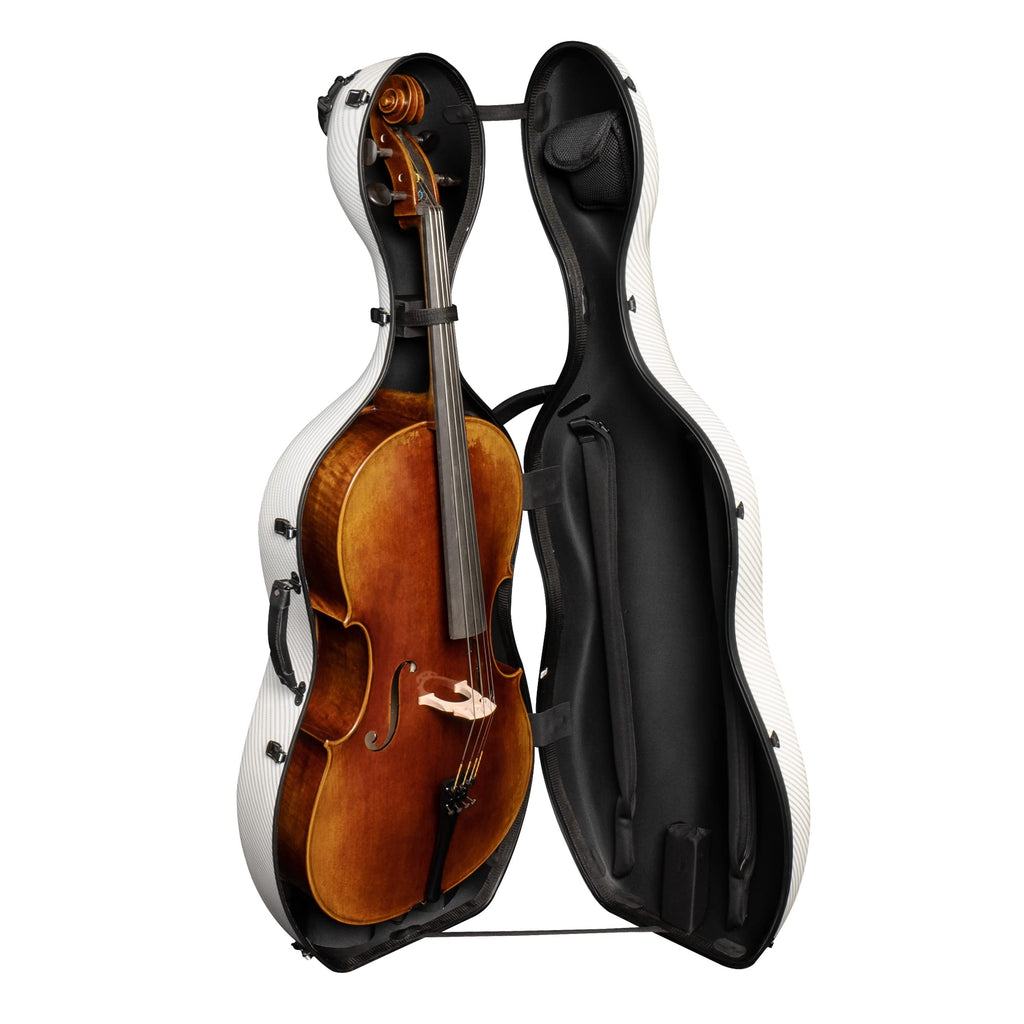 MI&VI Forte Series Hard Cello Case (Full Size) with Wheels — Polycarbonate Tough Shell Case for 4/4 Sized Cellos (White)