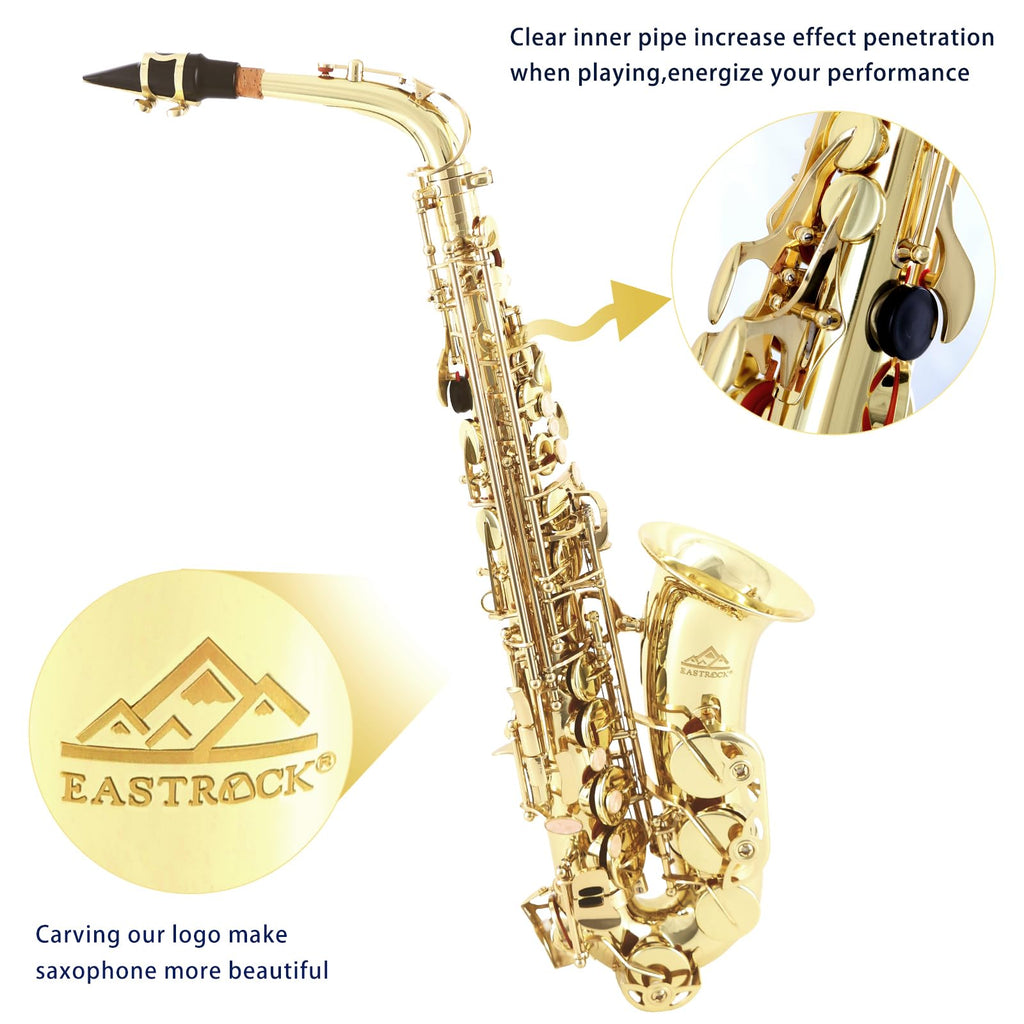 EASTROCK Black/Golden Alto Saxophone E Flat Sax Full Kit for Students Beginner with Carrying Case,Mouthpiece,Mouthpiece Cushion Pads,Cleaning Cloth&Cleaning Rod,White Gloves,Neck Strap