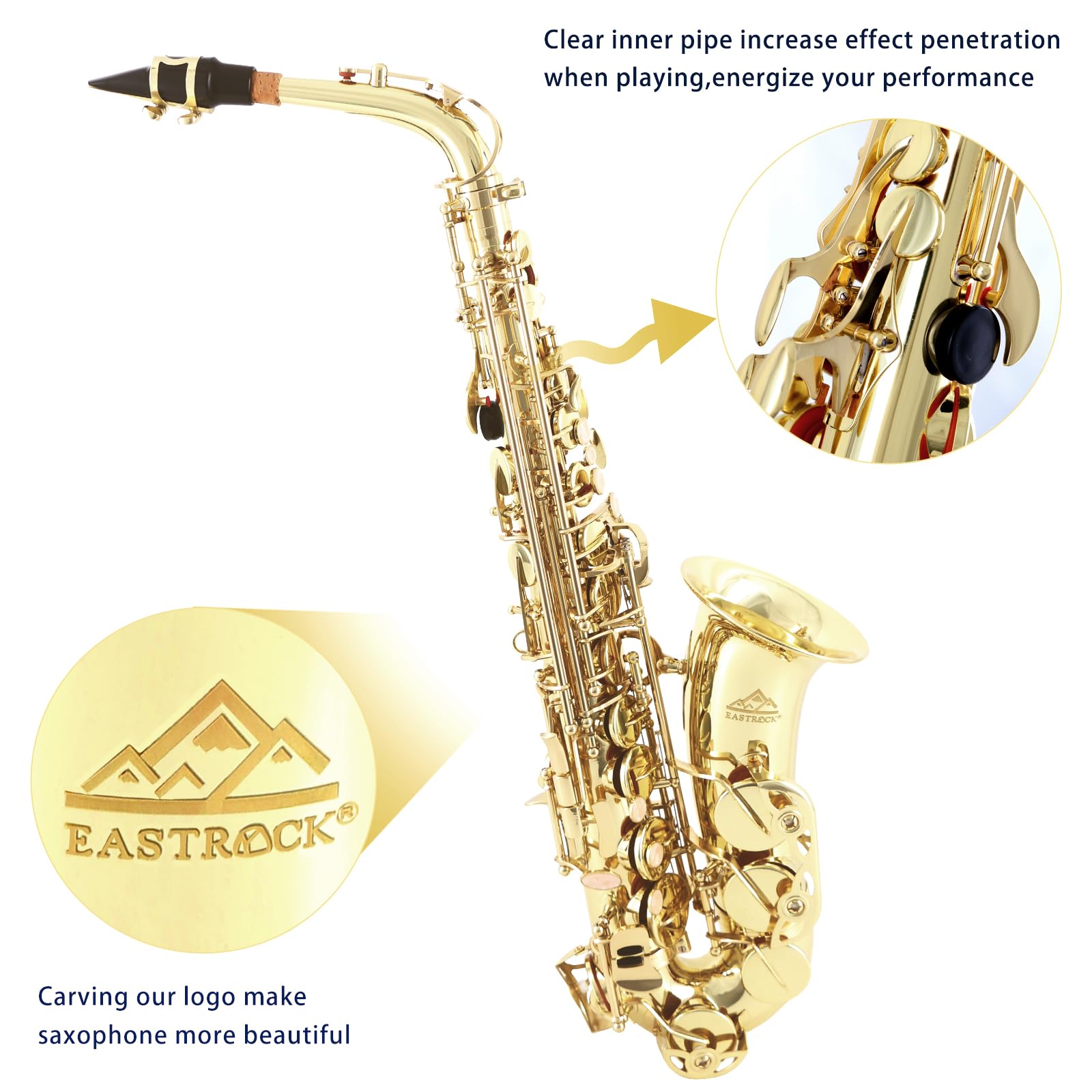 EASTROCK Black/Golden Alto Saxophone E Flat Sax Full Kit for Students Beginner with Carrying Case,Mouthpiece,Mouthpiece Cushion Pads,Cleaning Cloth&Cleaning Rod,White Gloves,Neck Strap