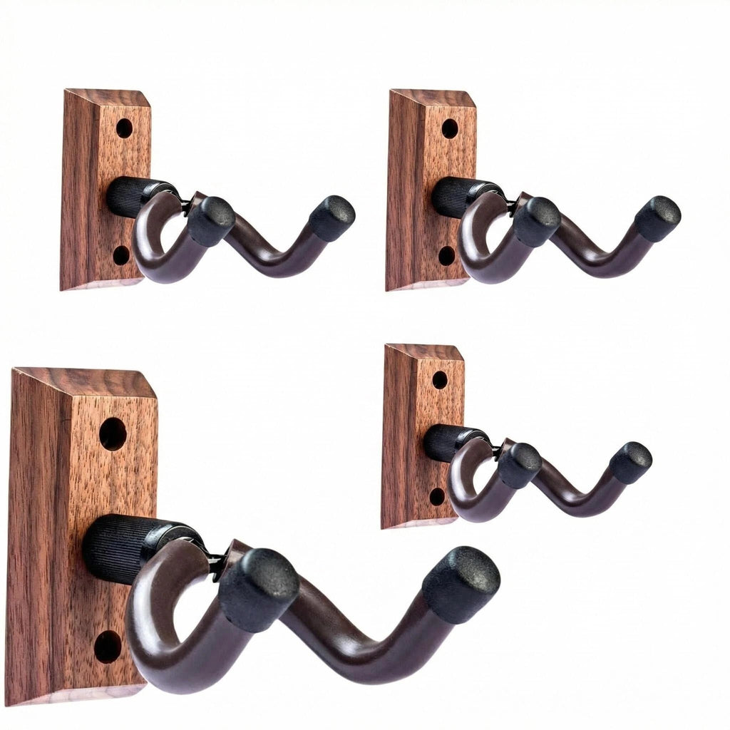Guitar Wall Mount Hanger Brown Walnut 4 Pack, Guitar Wall Hangers Hooks Holder Stand Display with Screws - Easy to Install - Fits Guitars, Bass, Mandolin, Banjo