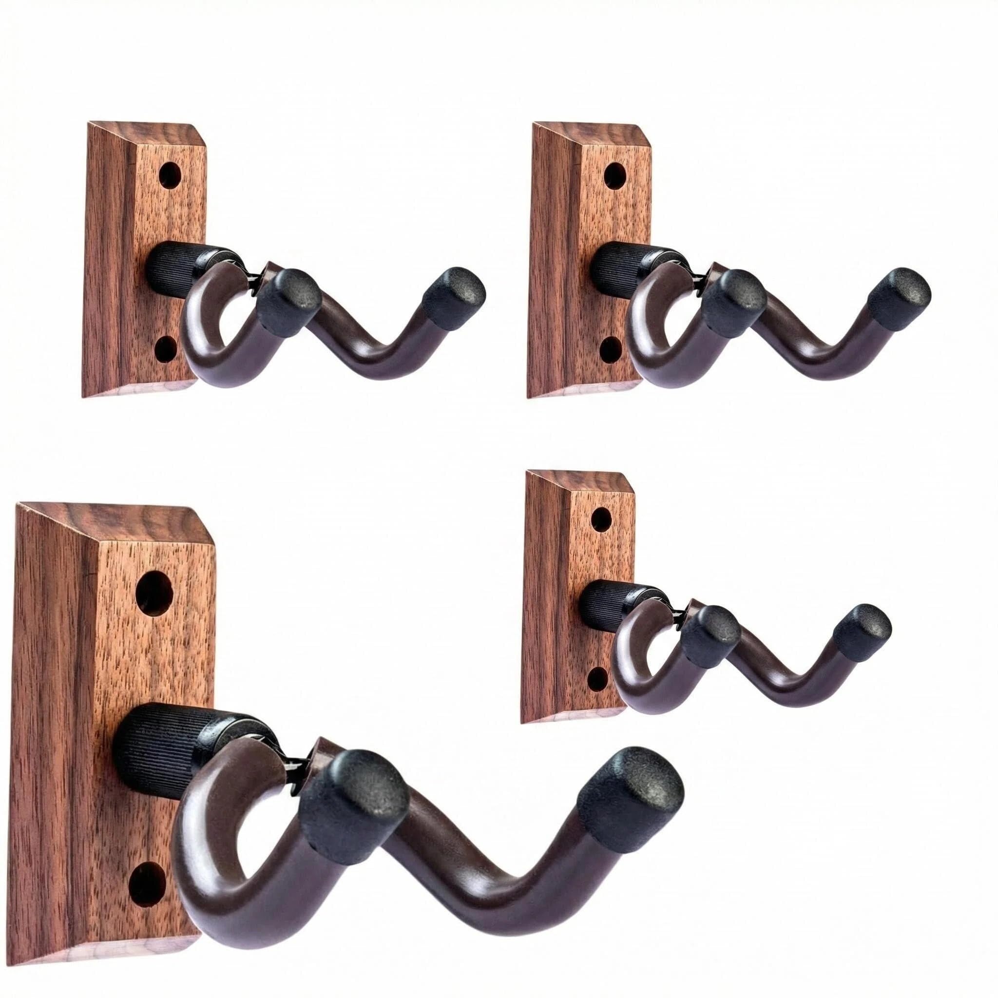Guitar Wall Mount Hanger Brown Walnut 4 Pack, Guitar Wall Hangers Hooks Holder Stand Display with Screws - Easy to Install - Fits Guitars, Bass, Mandolin, Banjo