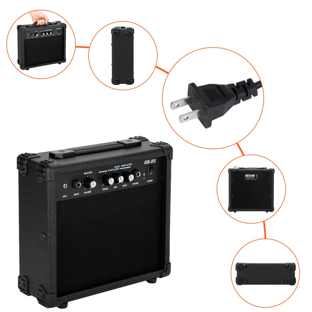 Ktaxon Electric Bass Guitar Full Size Flame Design Bass Set with 20 Watt Amplifier, Portable Bass Bag, Superior Amp Wire, Adjustable Guitar Strap, Plectrum, Wrench Tool(Matte Black)