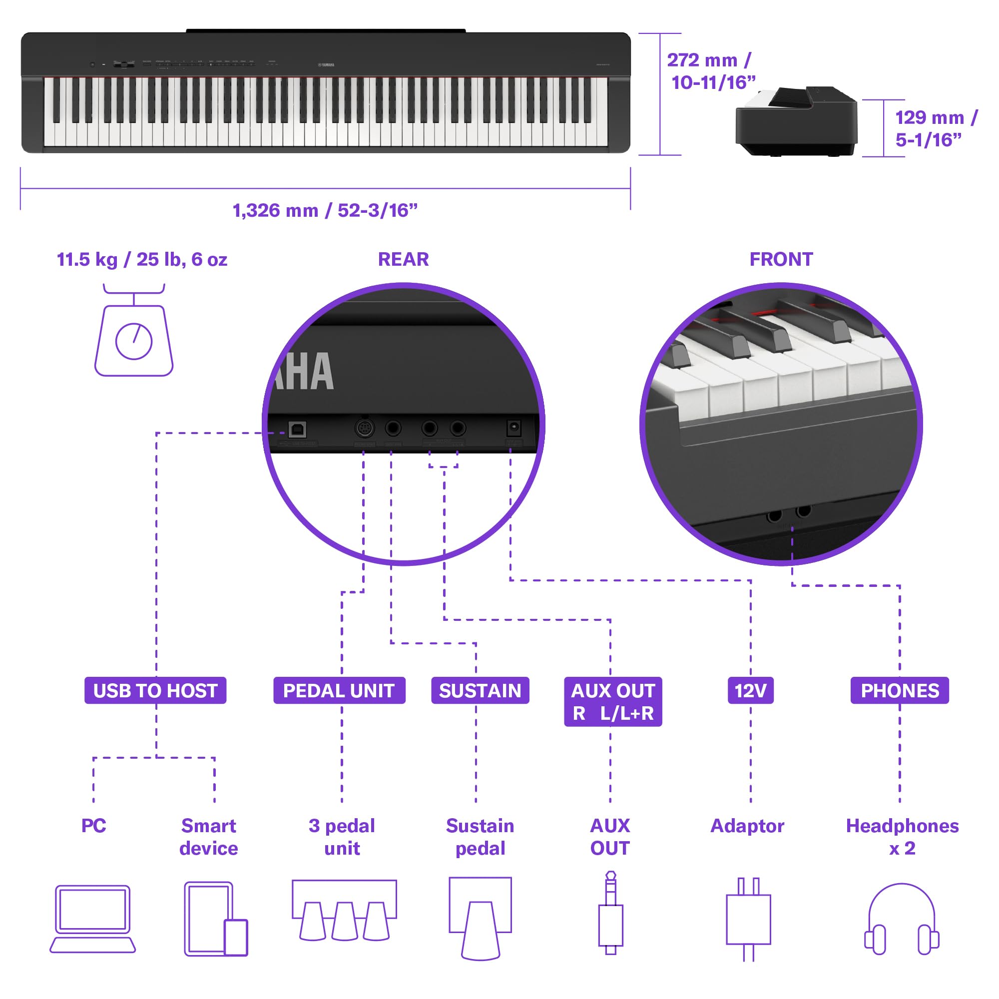Yamaha P225 88-Key Digital Piano with Weighted Keys, Portable Design, Keyboard, Music Rest, Sustain Foot Switch, and Built-In Speakers, Black (P225B)