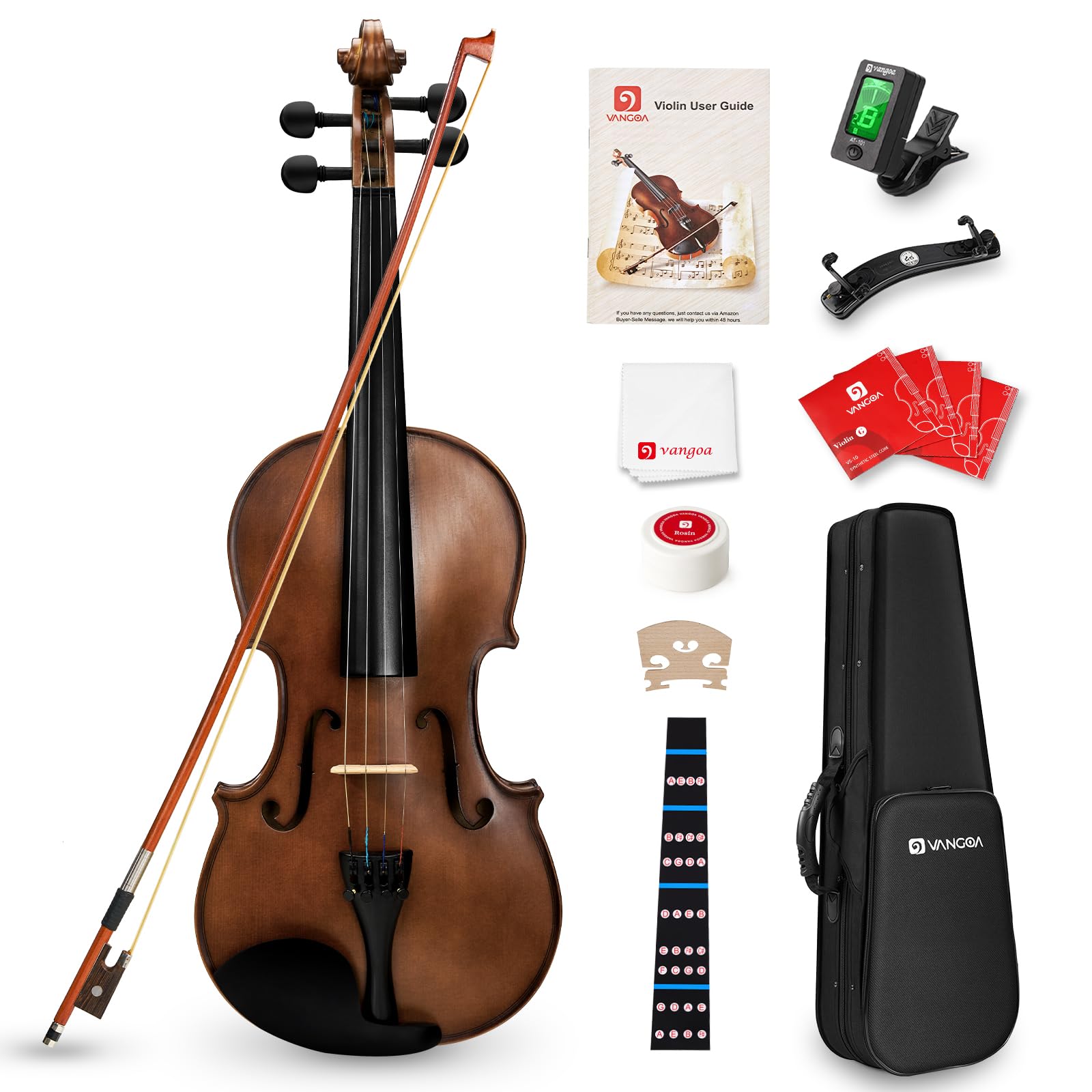 Vangoa 4/4 Solid Wood Acoustic Violin Full Size Fiddle Set for Beginner Adult Student Teen Kids with Violin Case, Bow, Rosin, Shoulder Rest, Tuner, Strings, Natural