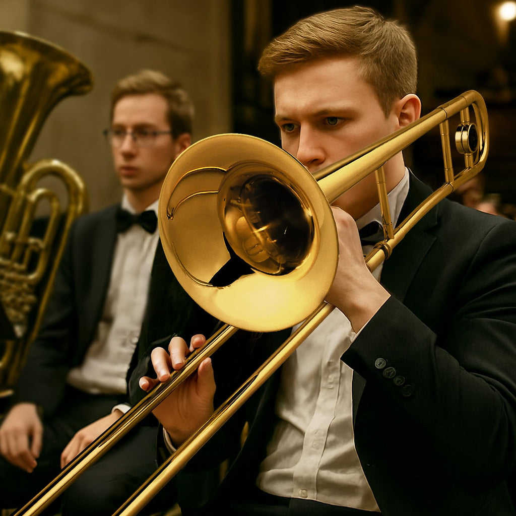 Ktaxon B Flat Tenor Trombone with Mouthpiece, Brass Slide Bb Trombones for Beginners, Portable Instrument Includes Cleaning Cloth, Gloves and Trombone Case (Golden)