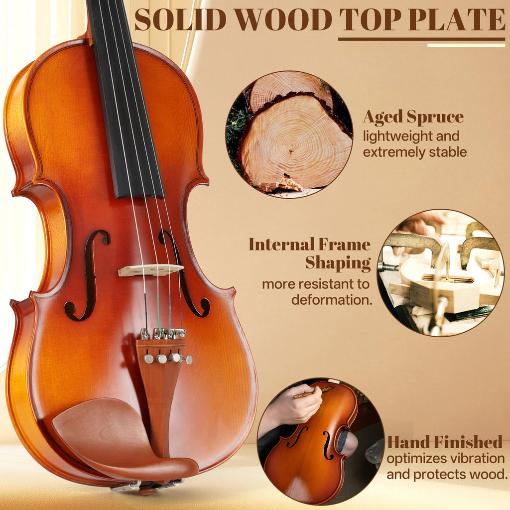 Kmise Violin 4/4 Full Set, Fingerboard Fret Markings Violins, Matte Acoustic Fiddle for Adults, Beginners, Students with Violin Case, Rosin, Strings, Bow, Shoulder Rest, Beginner's Guide (Matte, 4/4)