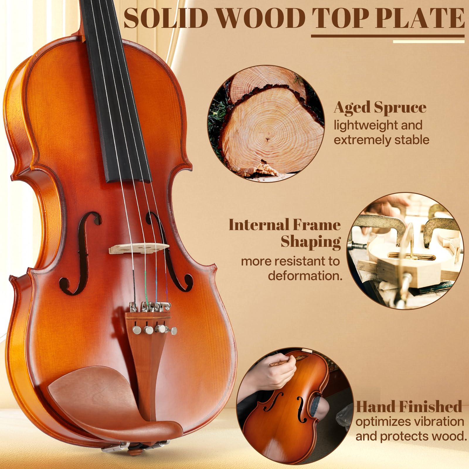 Kmise Violin 4/4 Full Set, Fingerboard Fret Markings Violins, Matte Acoustic Fiddle for Adults, Beginners, Students with Violin Case, Rosin, Strings, Bow, Shoulder Rest, Beginner's Guide (Matte, 4/4)
