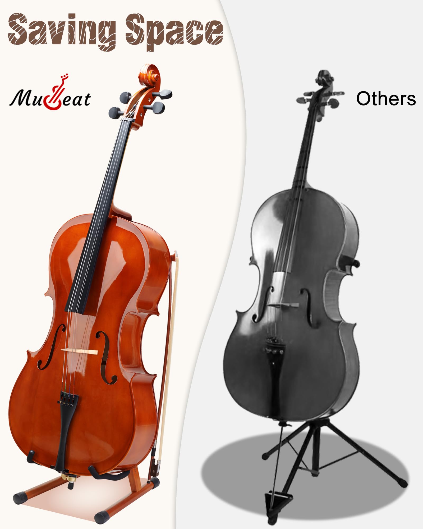 Cello Stand with Bow Holder, Mahogany Wooden A-Shape Floor Stand with Padded Foam, Handcrafted Cello Rack Fits 1/2, 3/4, 7/8, 4/4 Full-Size and Guitar, Instrument Holder for Home and Studio Display