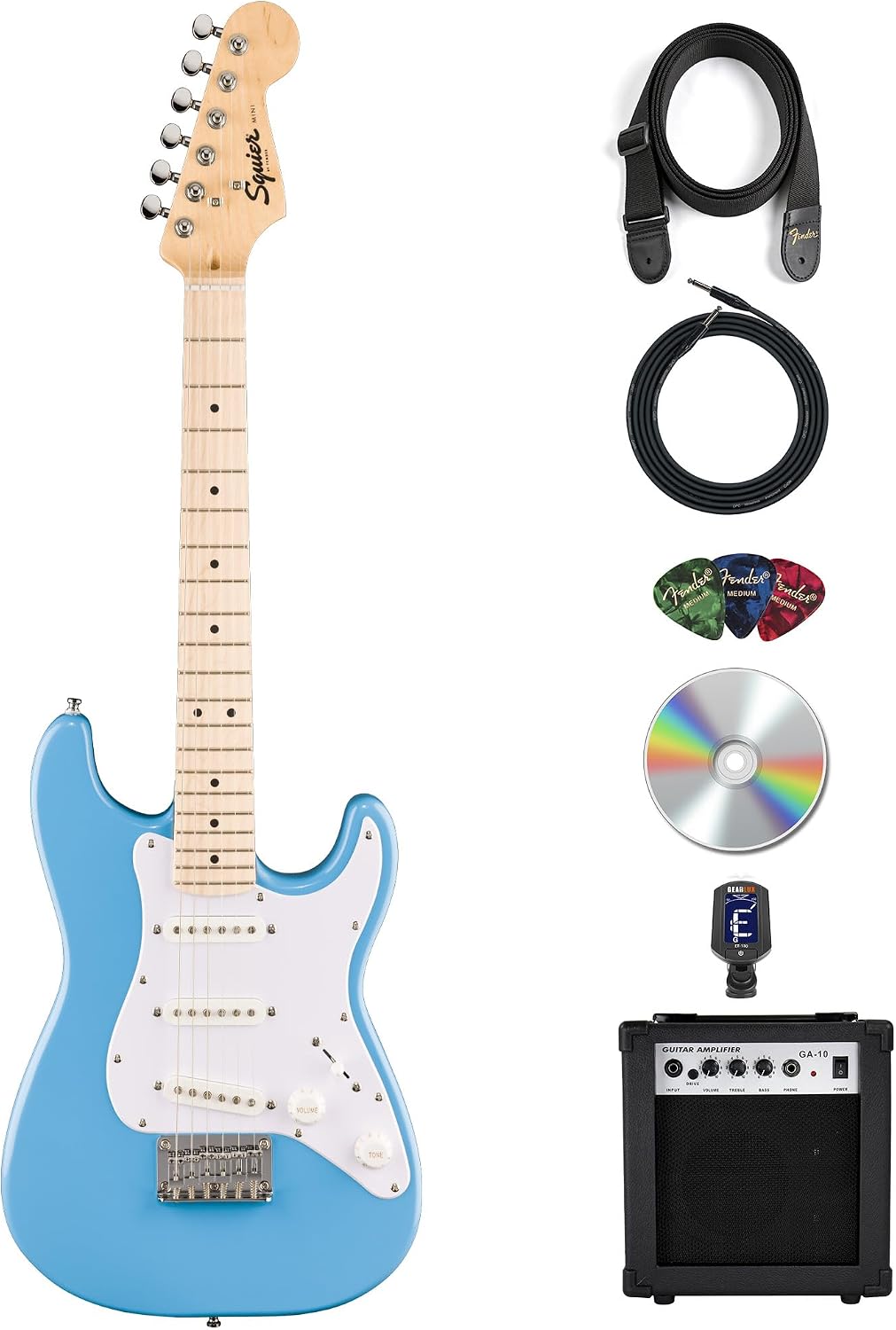 Fender Squier Mini Stratocaster Electric Guitar - California Blue Bundle with Amplifier, Instrument Cable, Tuner, Strap, Picks, and Austin Bazaar Instructional DVD