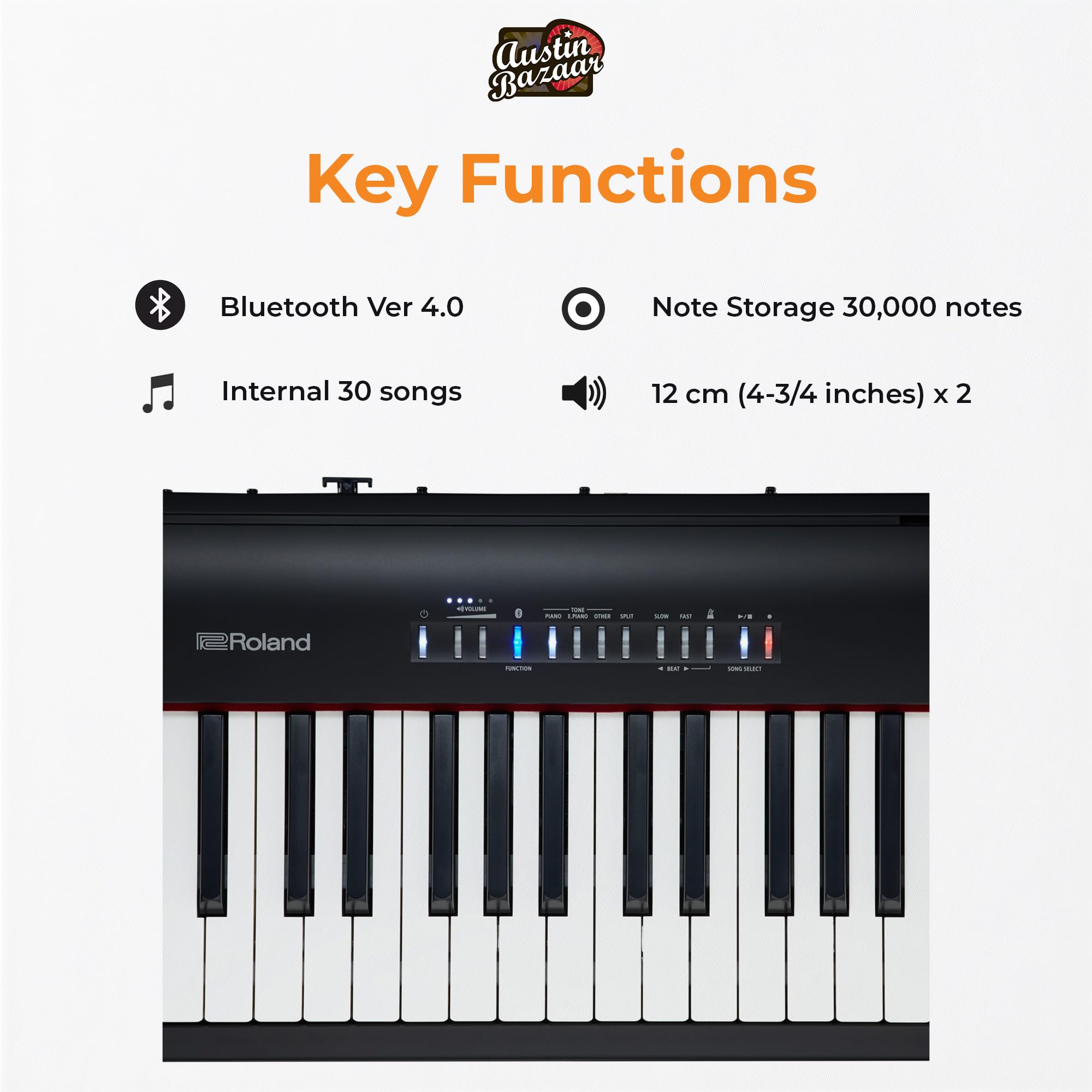 Roland FP-30X 88-Key Digital Piano - Black Bundle with Adjustable Stand, Bench, Sustain Pedal, Online Piano Lessons, Instructional DVD, and Austin Bazaar Polishing Cloth