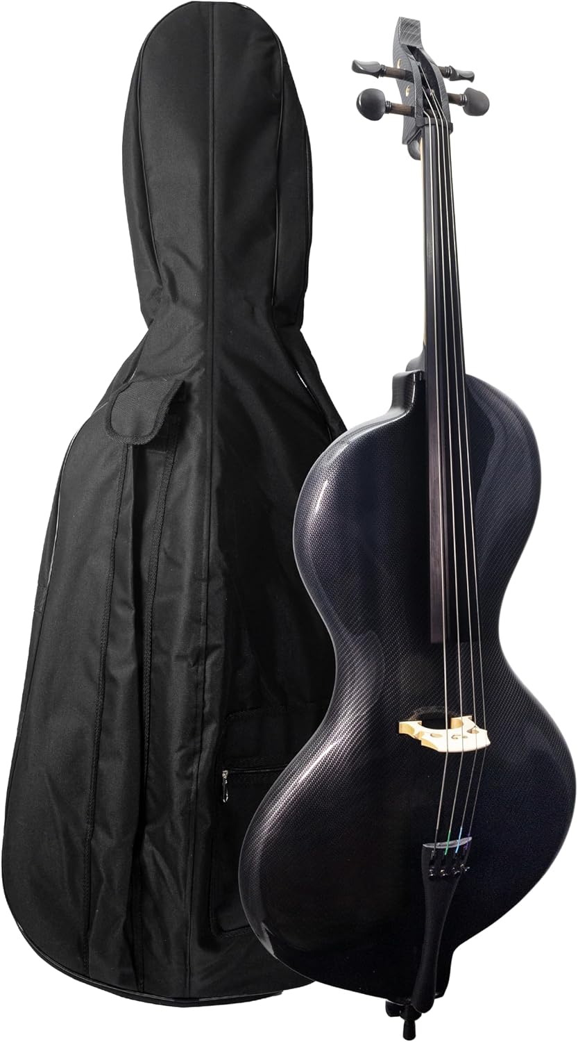 TARIO Full Size 4/4 Electric Cello with Shadow Active Pickup, Ebony Fingerboard, Textured Carbon Fiber-Pattern Finish – Paulownia Body, Reverb Effect, Bow, Rosin & Case Included