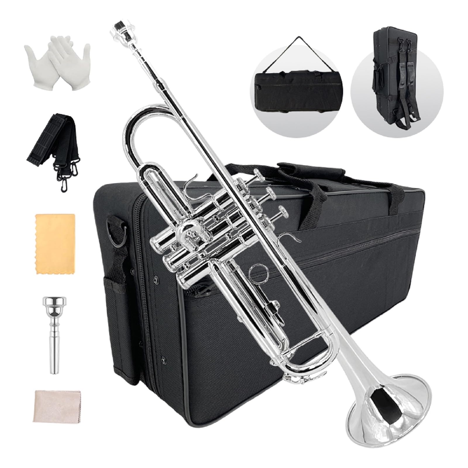 Bb Standard Trumpet Set for Beginners or students trumpet instrument with Carrying Hard Case 7C Mouthpiece Cleaning Cloth Gloves