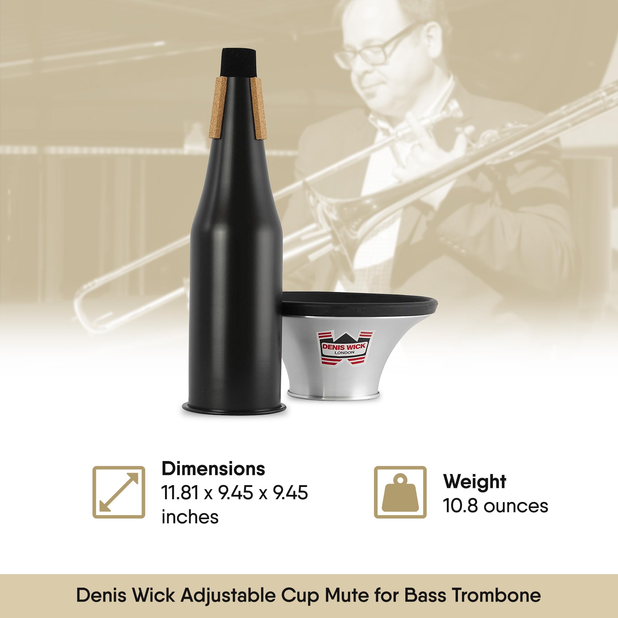 Denis Wick Adjustable Cup Mute for Bass Trombone, 5533 - Hand-Spun Aluminum Mute and Adjustable Cup Position for Varied Tone - Ideal for Practice, Performance & Recording - 11.81 x 9.45 x 9.45 Inches