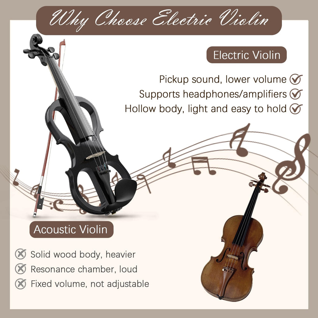 Electric Violin 4/4 Kit, Electric Violin 4/4 Full Size for Adults, Students, Beginner Violins, Full Size Violins Set with Case, Bow, Rosin and Headphones, Black