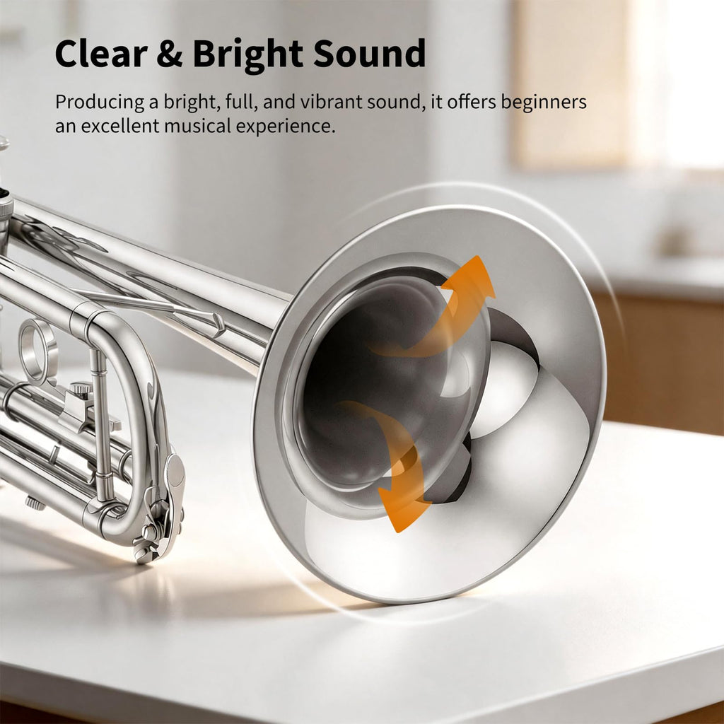 JAMELO Bb Standard Trumpet Set, Brass Trumpet Instrument for Student/Beginner with Carrying Case, 7C Mouthpiece, Cleaning Cloth and Gloves (TP-100, Gold)