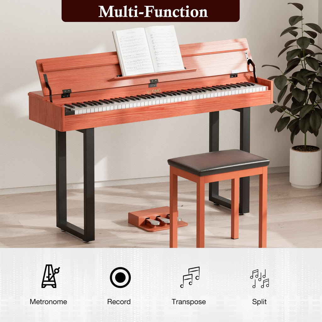 UMOMO 88 Key Weighted Digital Piano with Progressive Hammer Action, Metal Stand & Single Bench, Triple Pedals, USB MIDI, 128 Tones/Rhythms – Full Size Electric Keyboard for Beginners