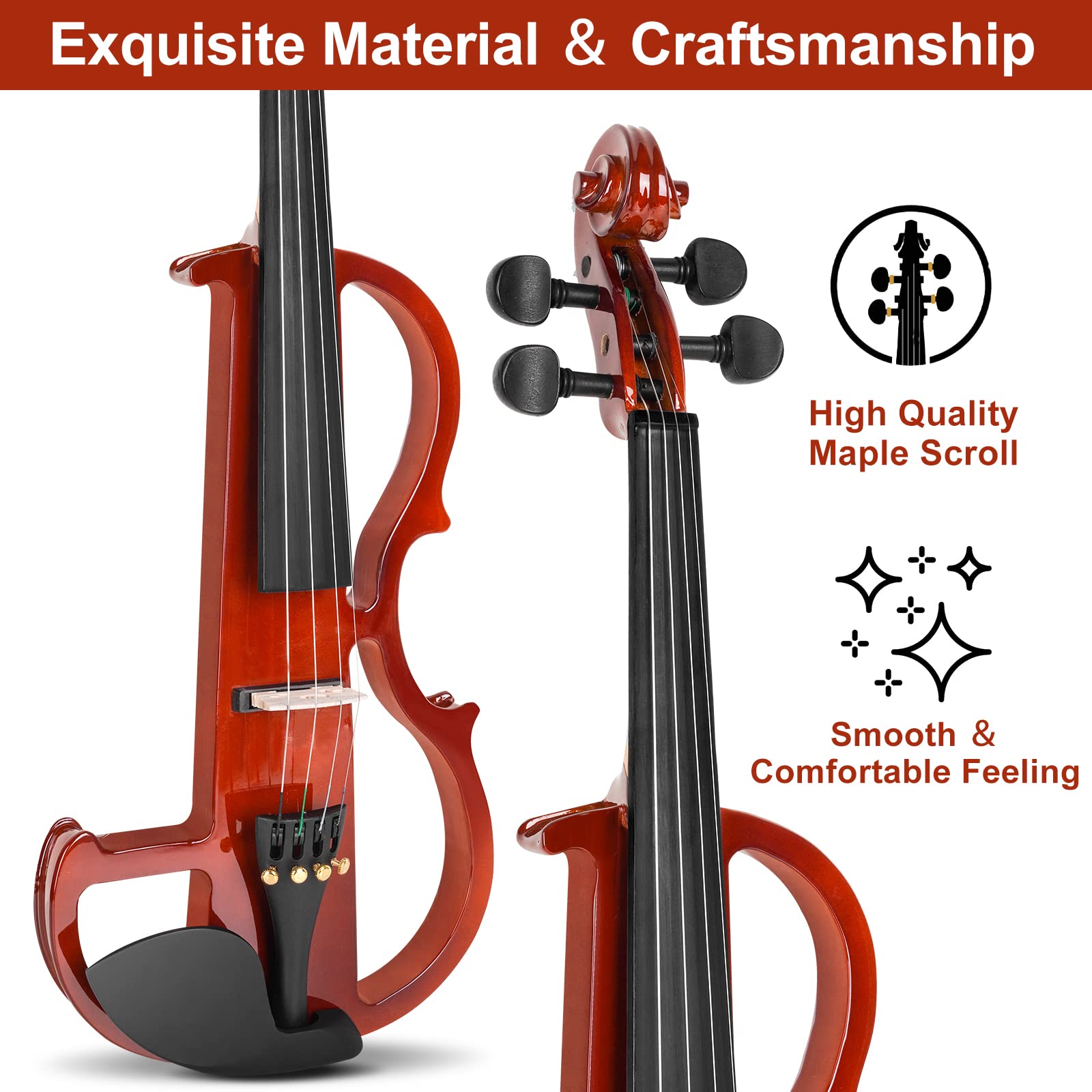 Vangoa Electric Violin Full Size 4/4, Black Silent Electric Violin, Solid Wood Metallic Electric Fiddle with Ebony Fittings, Beginner Kit for Adults Teens