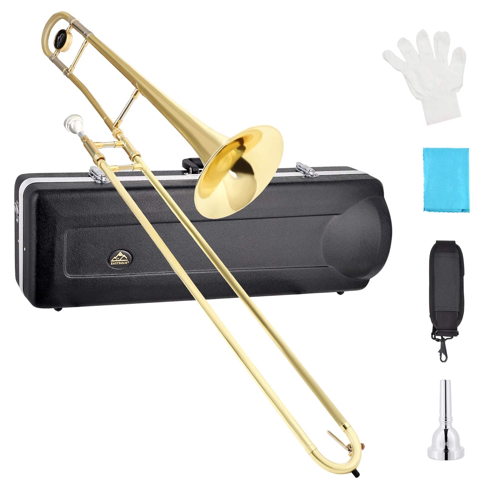 EASTROCK Bb Tenor Slide Trombone, B Flat Brass Plated Trombone Instrument for Beginners Students with Hard Case, with Mouthpiece, White Gloves (12.5mm/200 mm), Golden
