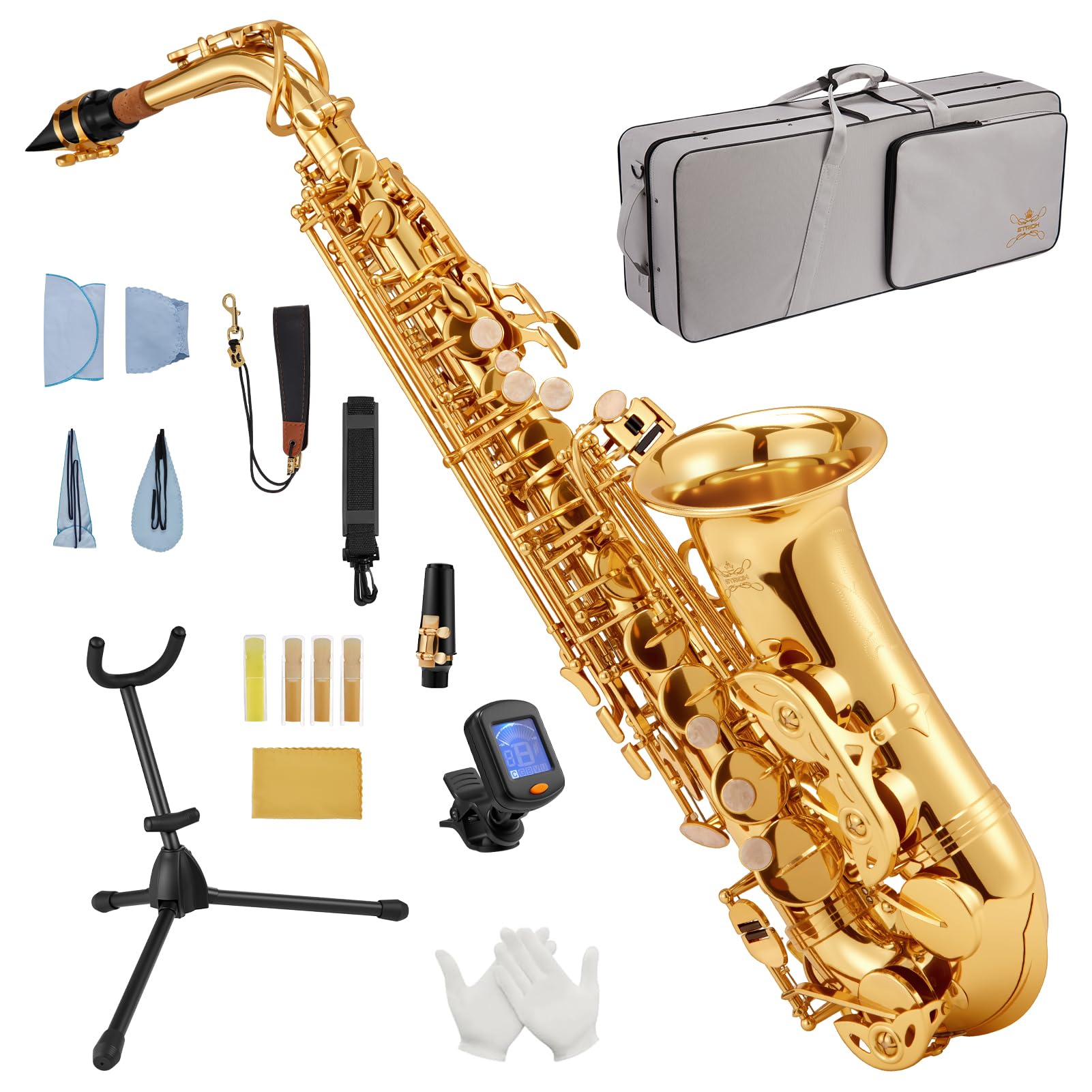 STRICH Eb Alto Saxophone Brass Student Beginner Alto Sax Kit with Hard Case Stand Neck Strap Mouthpiece and Reeds for School Band Home Practice, SSA-31B, Black